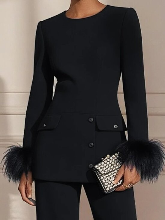 Women's Black Buckle Feather-trimmed Crew Neck Long Sleeve Dressy Top with Pants - Picture 4 of 7